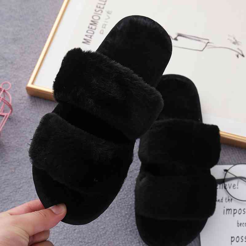 Faux Fur Double Strap Slippers - T - 5 COLORS -