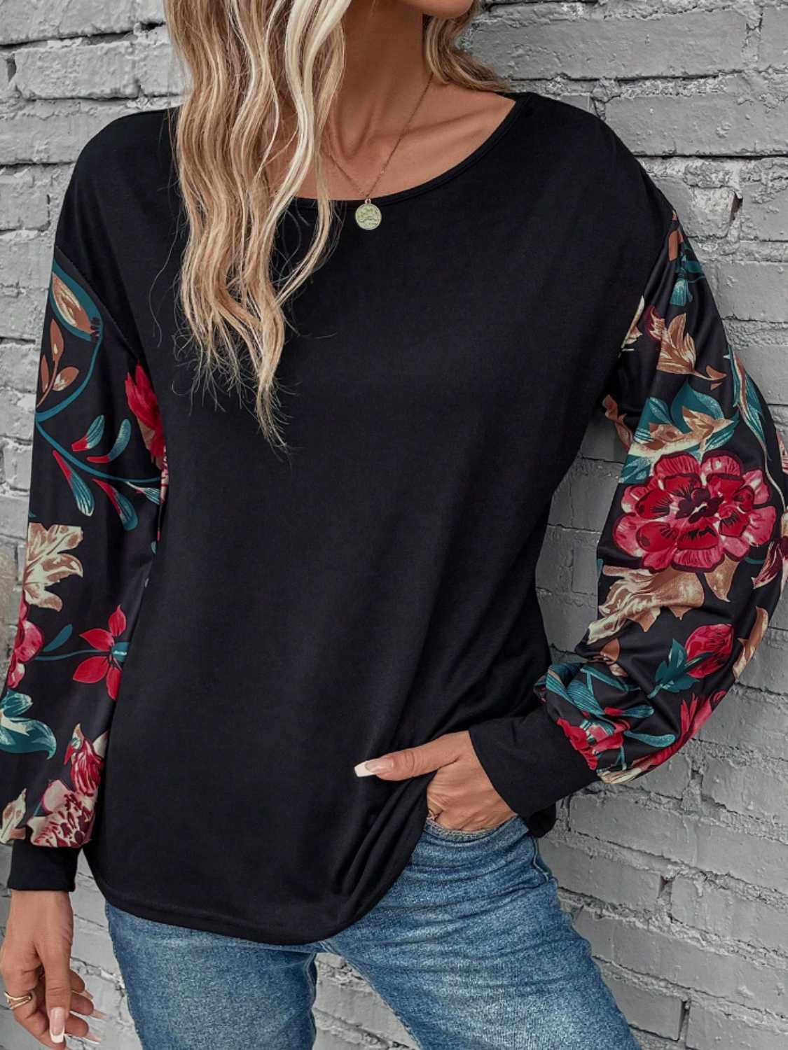 Floral Sleeves Round Neck Long Sleeve Top - T - 1 COLOR -