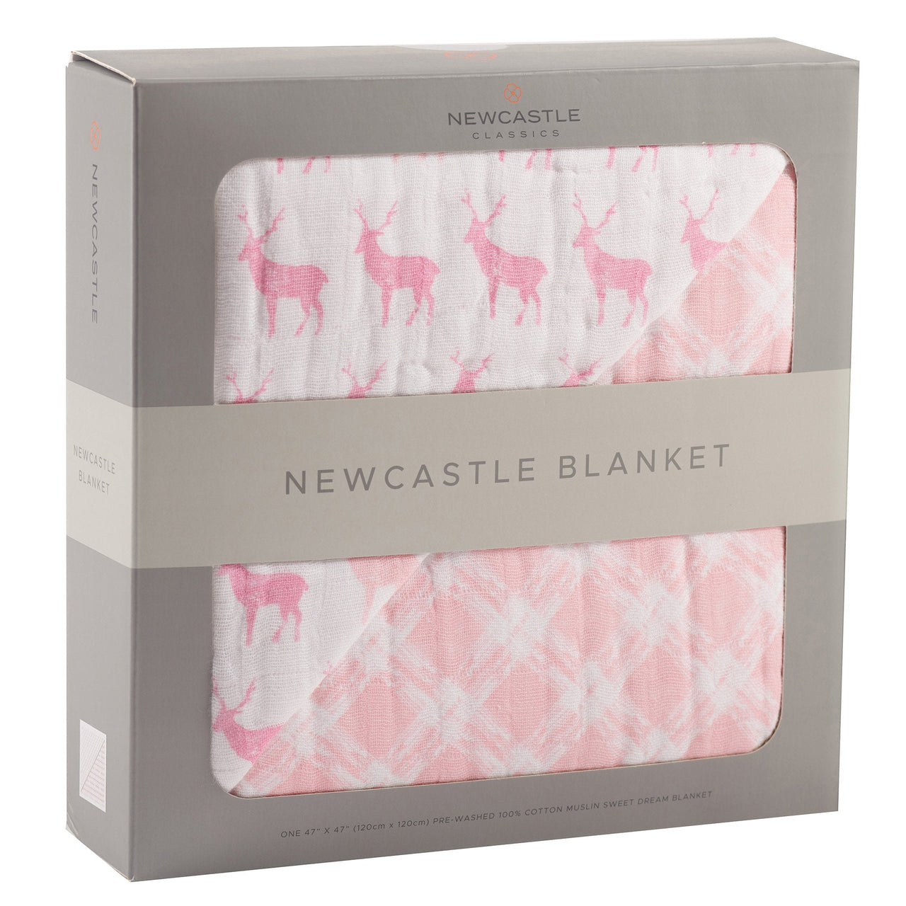 Pink Deer and Primrose Pink Plaid Cotton Muslin Newcastle Blanket -