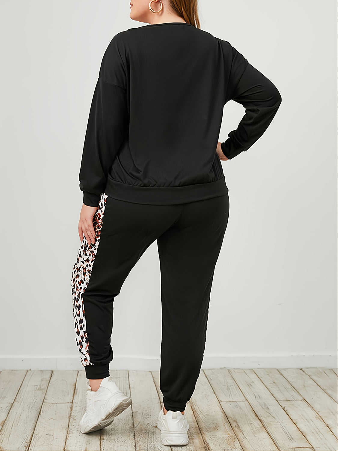 Plus Sizes only - Leopard Sweatshirt and Sweatpants Set - T - 2 PCS. - 1 COLOR -