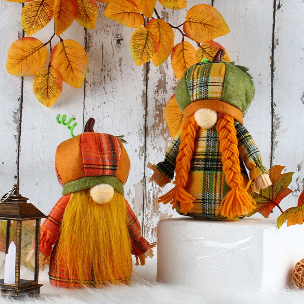 Fall Pumpkin Gnomes Handmade Fall Plush Swedish Gnomes - Ornaments Holiday Home Table Decorations Gifts - 7.87" - [14-20 DAY DELIVERY] -