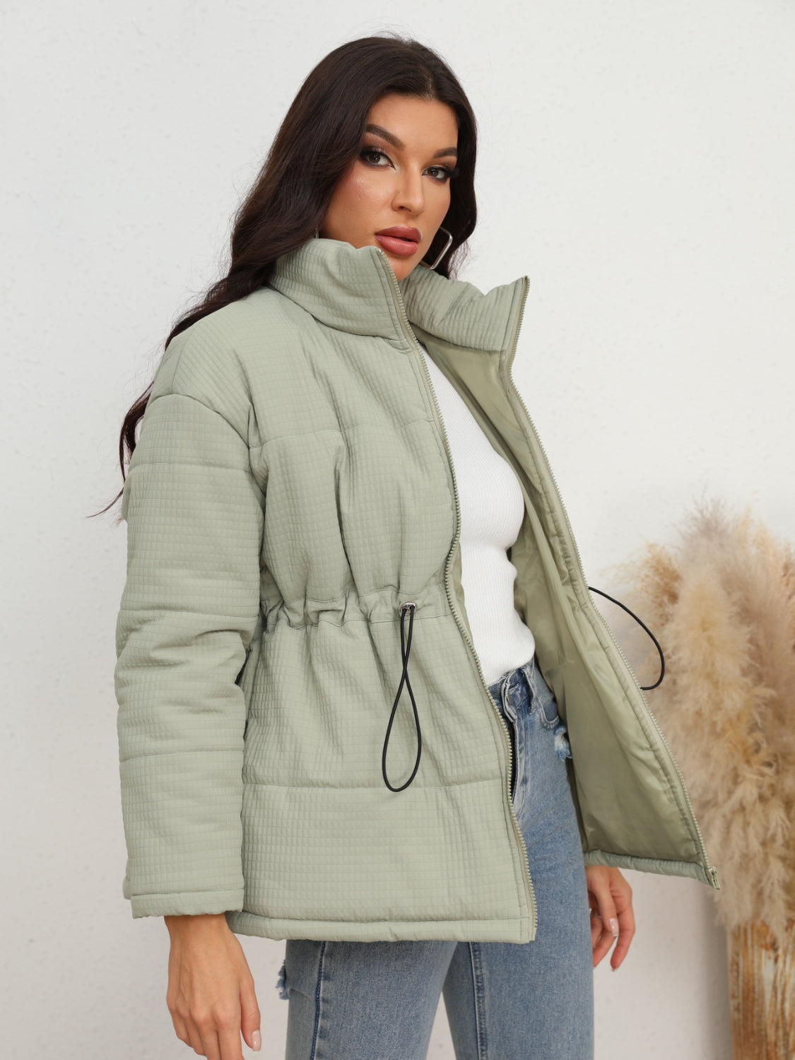 Drawstring Waist Zip-Up Puffer Jacket - T - 1 COLOR -