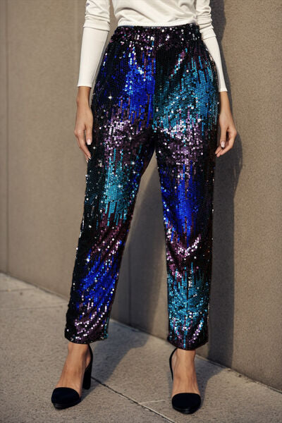 Sequin Contrast High Waist Pants - T - 3 COLORS -