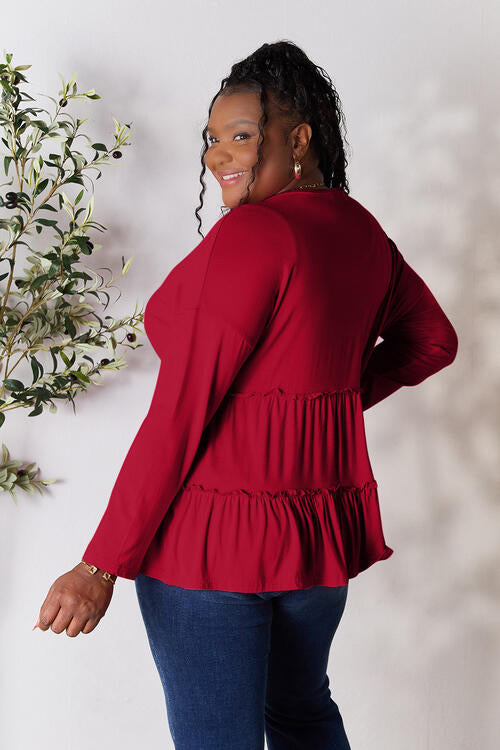 Double Take Half Button Long Sleeve Ruffle Hem Blouse - SIZES S THRU 3XL - T - 7 COLORS -