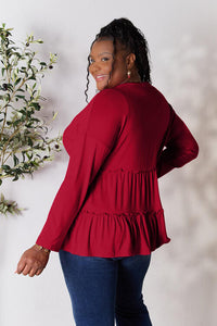 Thumbnail for Double Take Half Button Long Sleeve Ruffle Hem Blouse - SIZES S THRU 3XL - T - 7 COLORS -