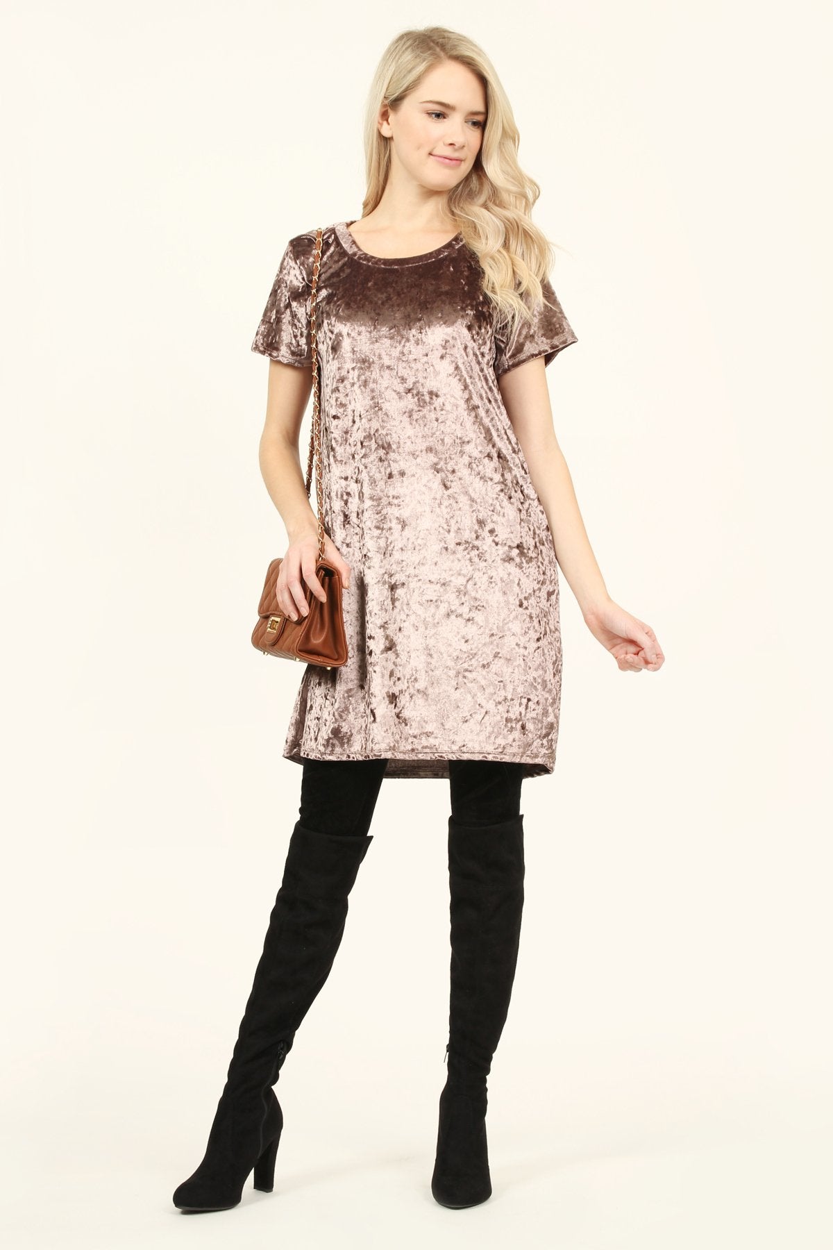 Riah Fashion - Short Sleeve Crushed Velvet Tunic Dress - 11 COLORS -