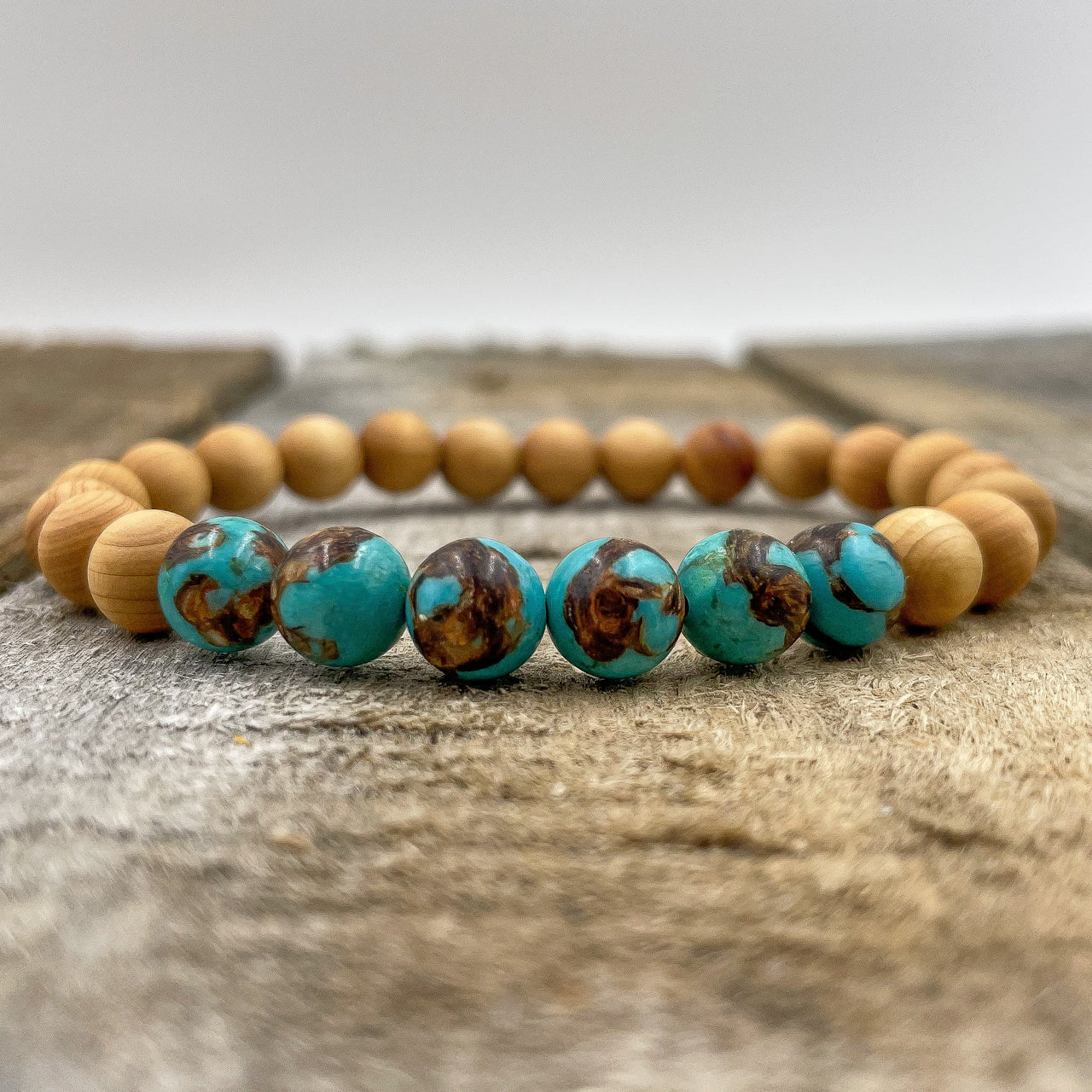 Grove - Bronzite Turquoise & Cedar Wood Mala Beaded Bracelet -