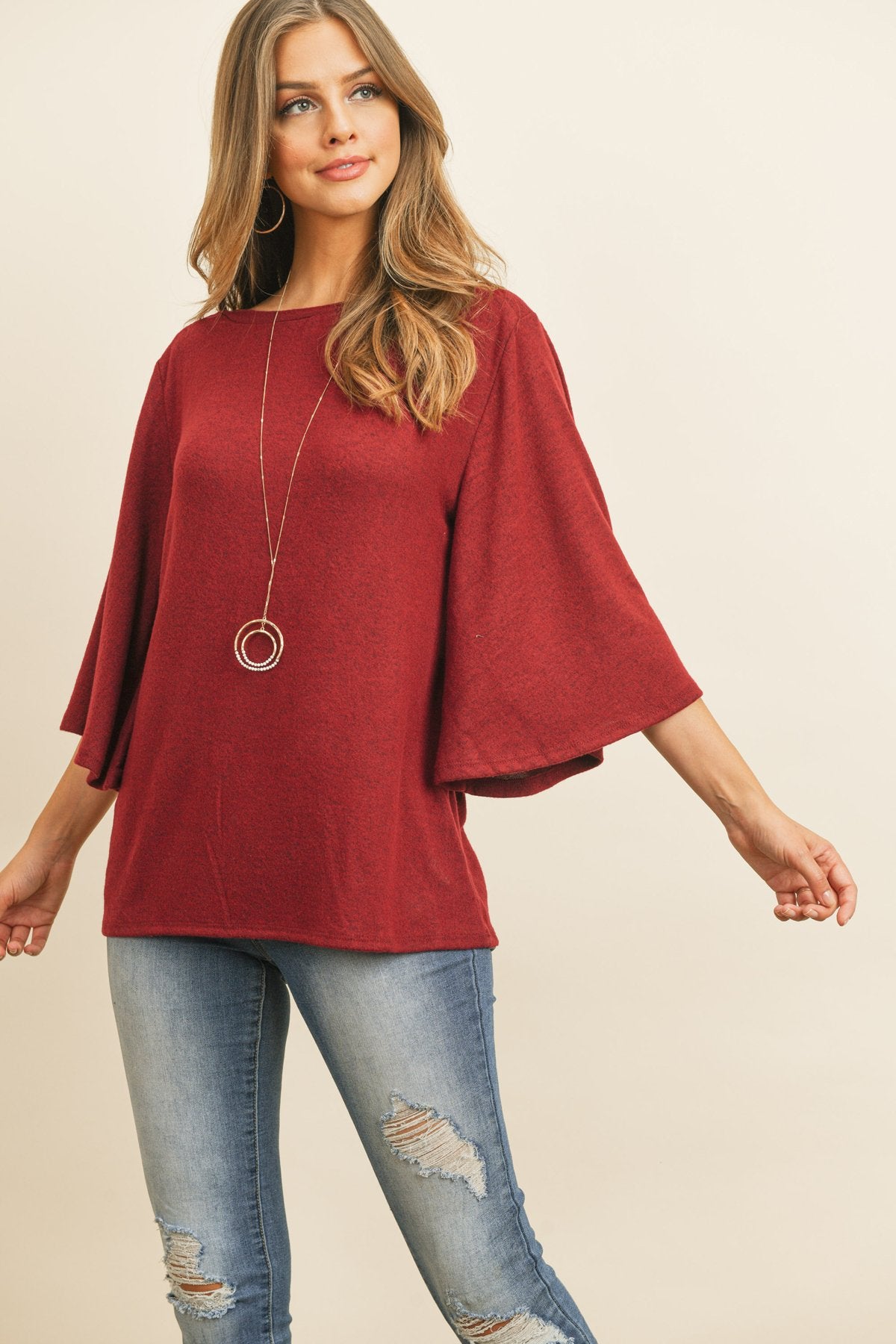 Riah Fashion - Boat Neck Bell Sleeve Solid Hacci Brushed Top - 6 COLORS -