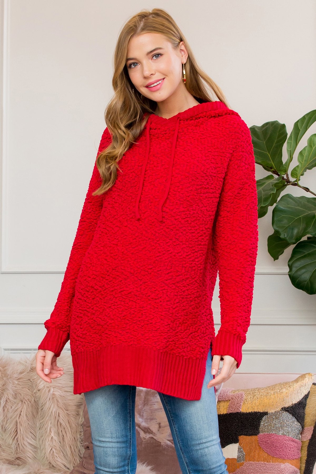 Riah Fashion - Popcorn Rib Detail Hooded Pullover - 16 COLORS -