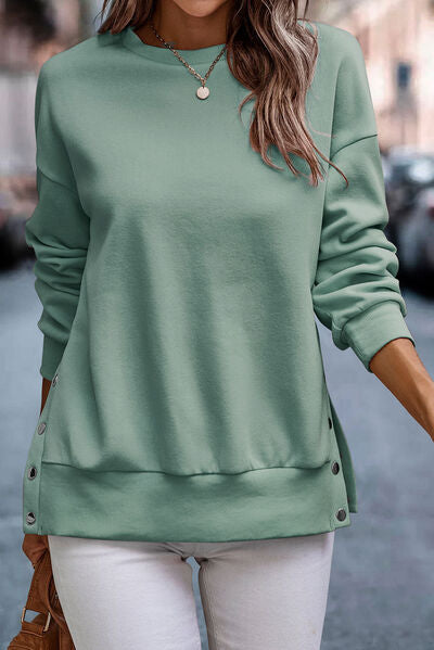 Snap Detail Round Neck Dropped Shoulder Sweatshirt - T - 10 COLORS -