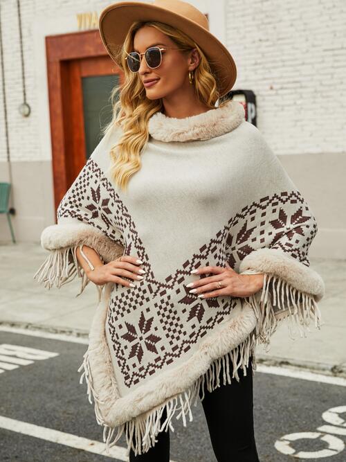 Fringe Geometric Cape Sleeve Poncho - 1 SIZE FIT - T - 6 COLORS -