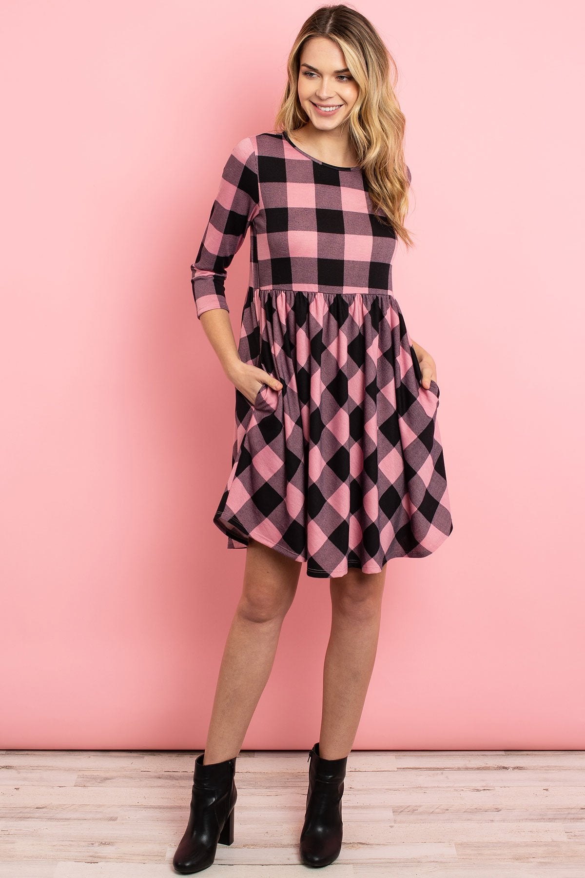 Riah Fashion - Cinch Waist Quarter Sleeves Plaid Dress - 3 COLORS -