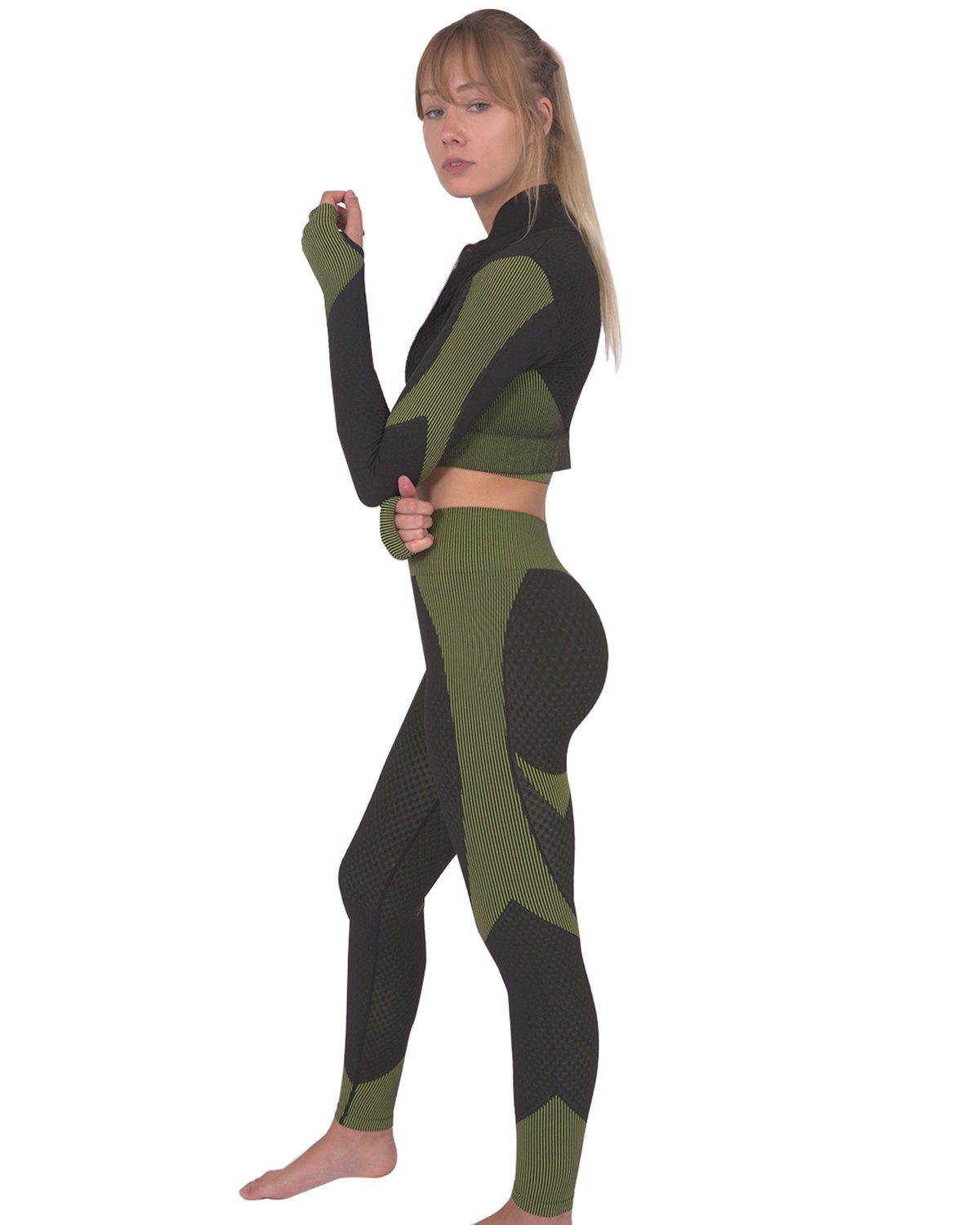 Savoy - Trois Seamless Jacket, Leggings & Sports Top 3 Set - 3 PCS - Black With Green -