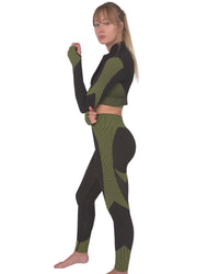 Thumbnail for Savoy - Trois Seamless Jacket, Leggings & Sports Top 3 Set - 3 PCS - Black With Green -