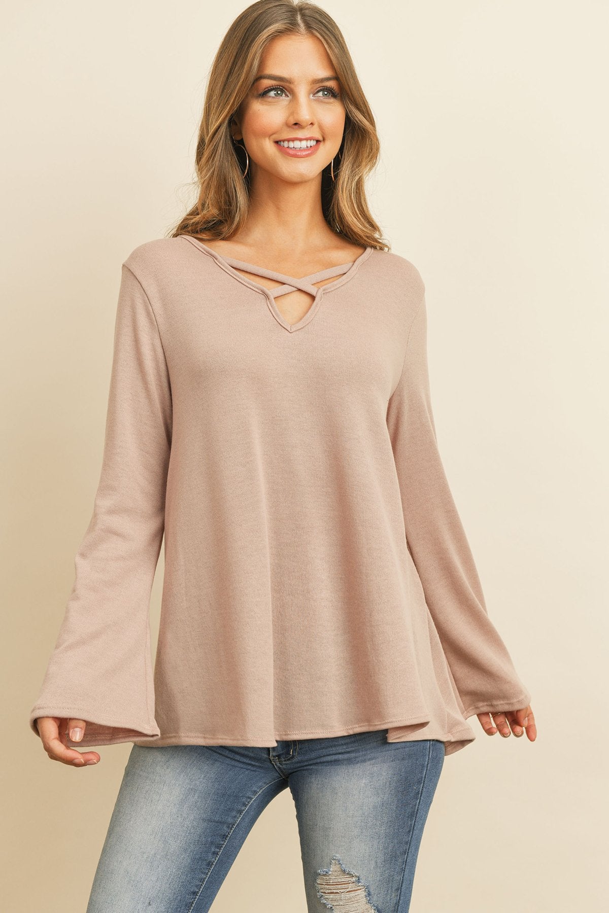 Criss Cross Neck Long Sleeve Hacci Top - 5 COLORS -