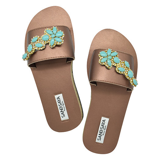 SAND BY SAYA N.Y. - Brooklyn-Turquoise Flower-Waterproof Espadrille Rhine Stone Embellished Slide Flat Sandal - 3 COLORS -