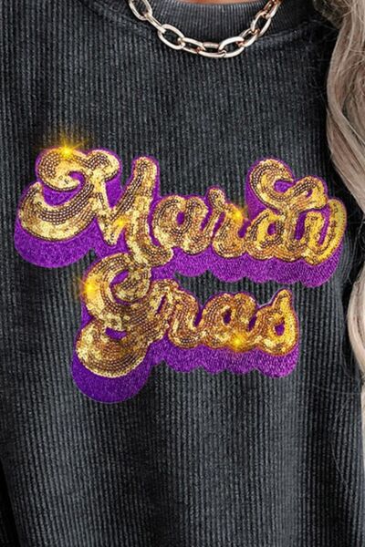 Sequin Mardi Gras Embroidered Round Neck Sweatshirt - T - 1 COLOR -