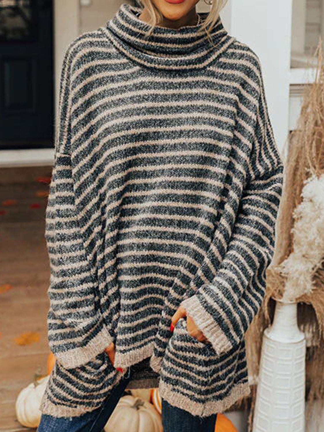 Striped Turtleneck Sweater with Pockets - T - 4 COLORS -