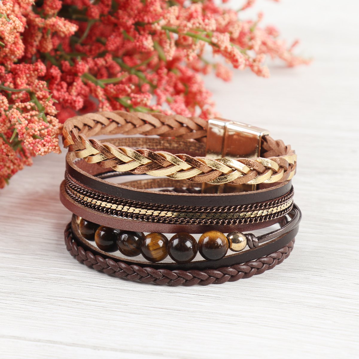 Riah Fashion - Leather Braided Beads Wrap Magnetic Bracelet - 9 COLORS -