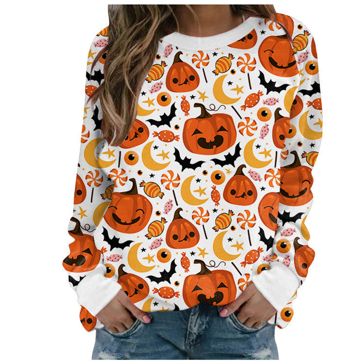 Women's Halloween printed long-sleeved loose sweatshirt  - K - 10 PATTERNS - CHECK US OUT! -