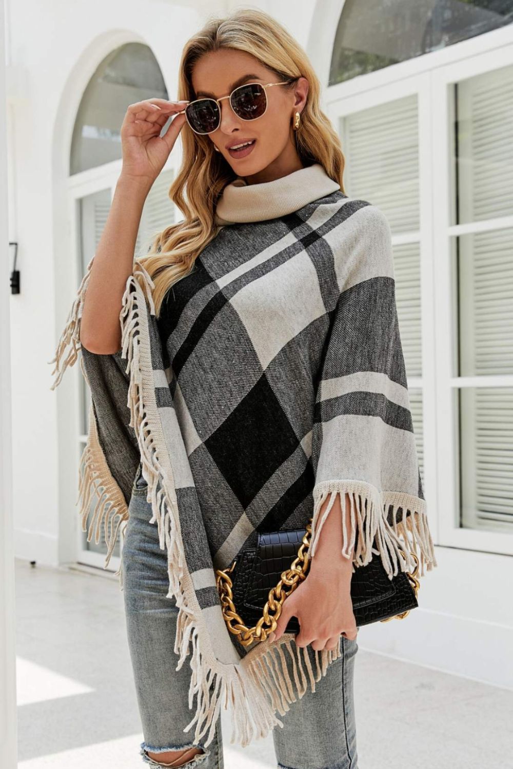 Plaid Turtleneck Fringe Hem Poncho - ONE SIZE FITS ALL - K - 5 COLORS -