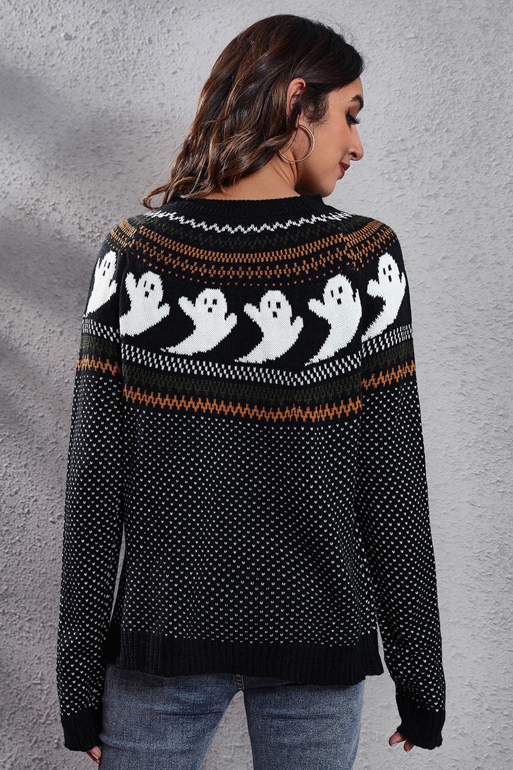 Ghost Pattern Round Neck Long Sleeve Sweater - T - 7 COLORS -