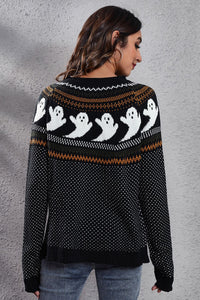 Thumbnail for Ghost Pattern Round Neck Long Sleeve Sweater - T - 7 COLORS -