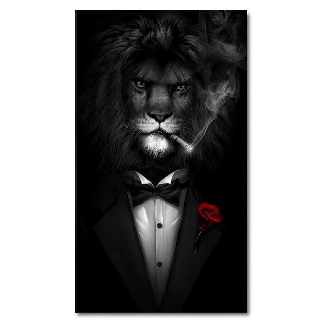 Gentry Black Lion Smoking a Cigar Canvas Paintings Wall Art- Lions in a Suit Canvas Art Posters  - [7-12 DAY DELIVERY] - 6 SIZES - 3 LIONS