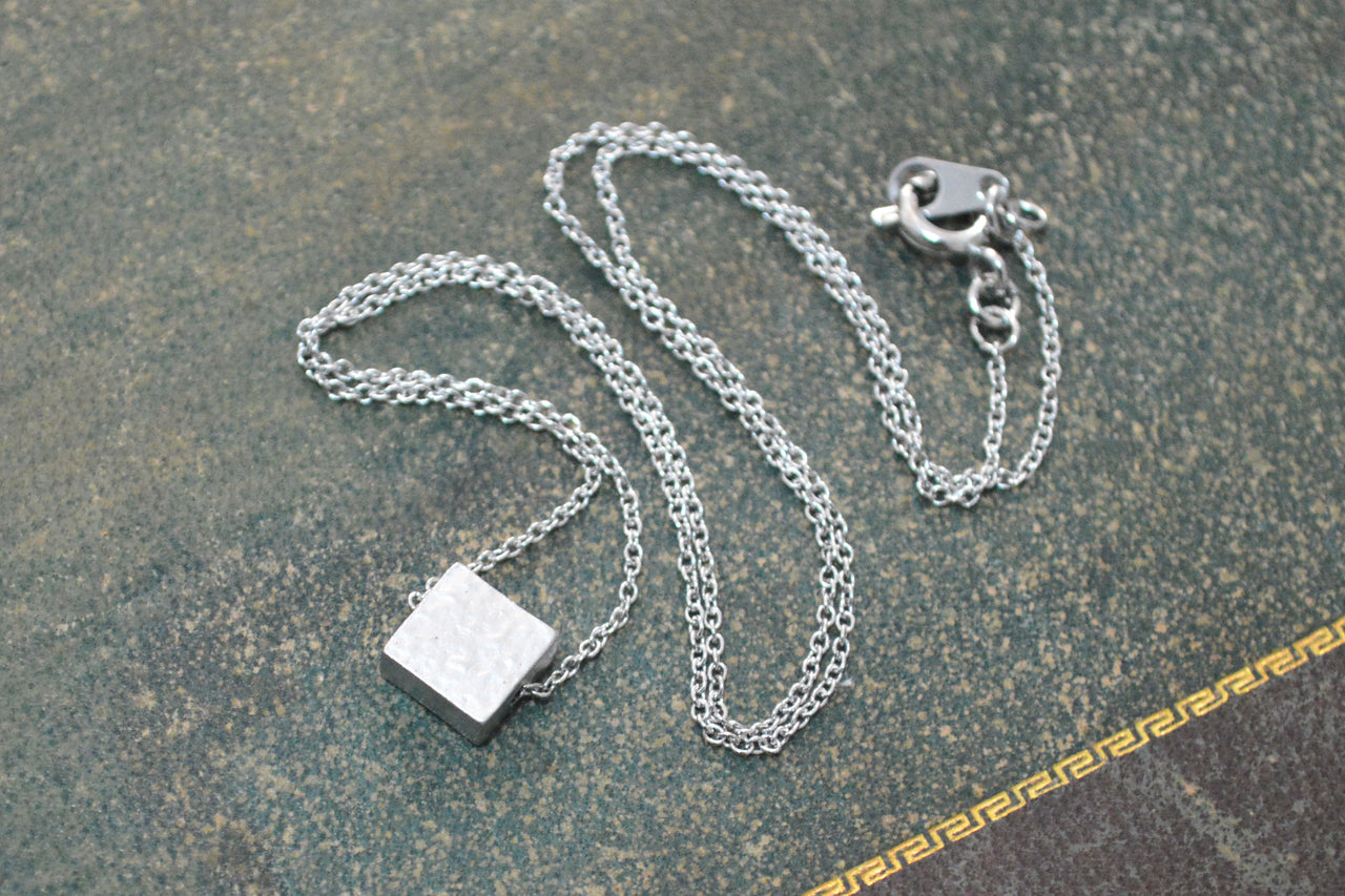 White Gold Hammered Square Necklace -