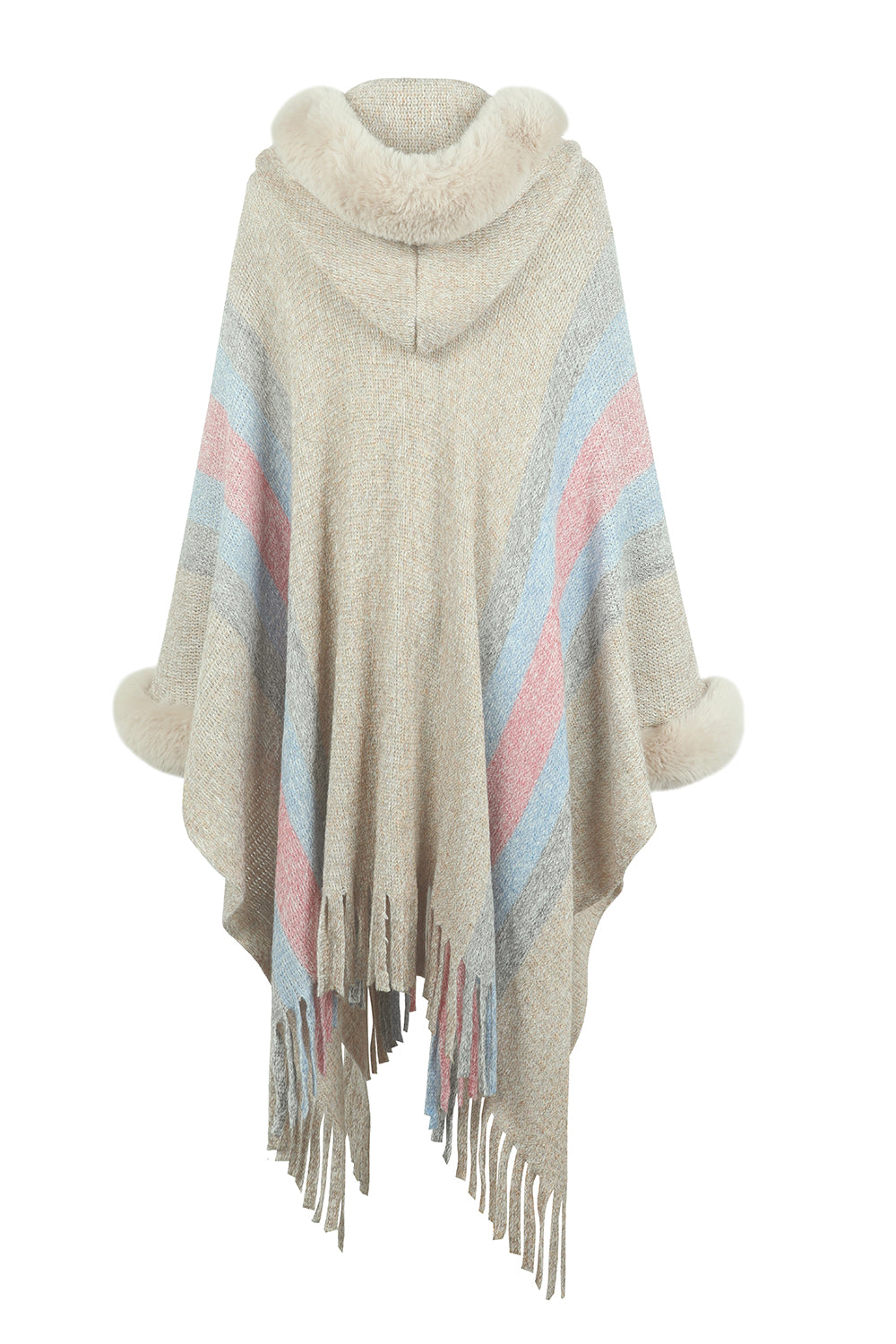 Color Block Fringe Detail Poncho - T - 4 COLORS -