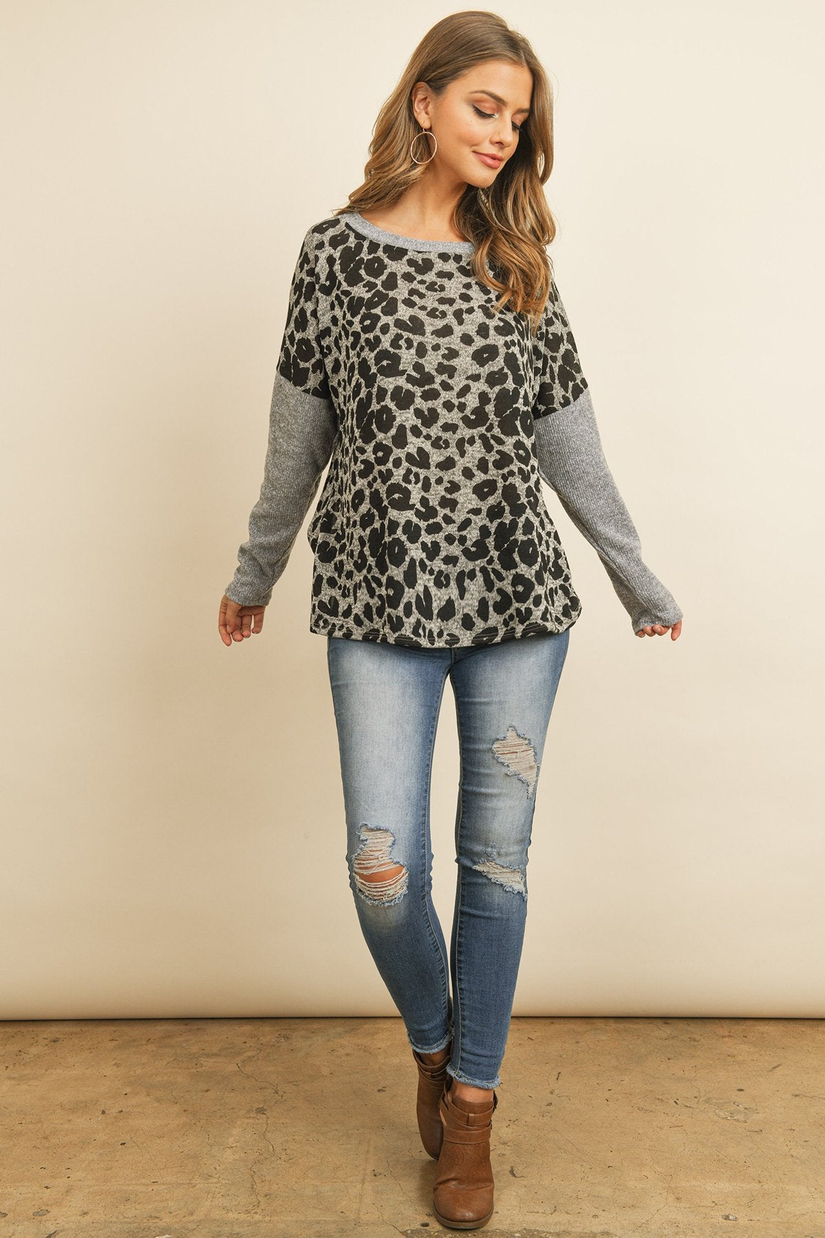 Riah Fashion - Hacci Brushed Contrast Sleeves Boat Neck Leopard Top - 2 COLORS -