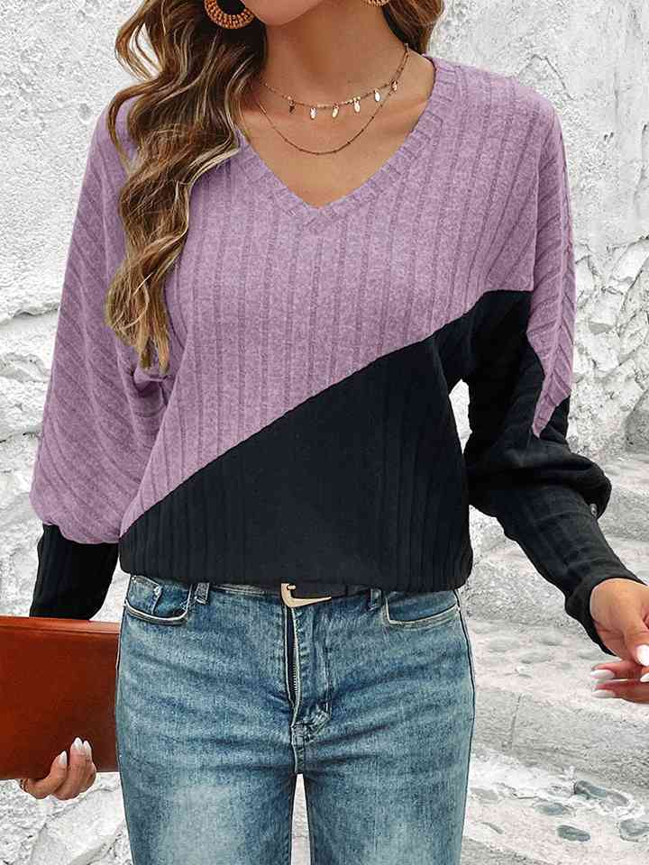 Contrast Buttoned V-Neck Blouse - T - 4 COLORS -