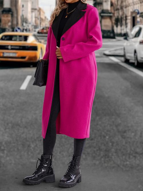 Collared Neck Buttoned Hot Pink Longline Coat - T - 1 COLOR -