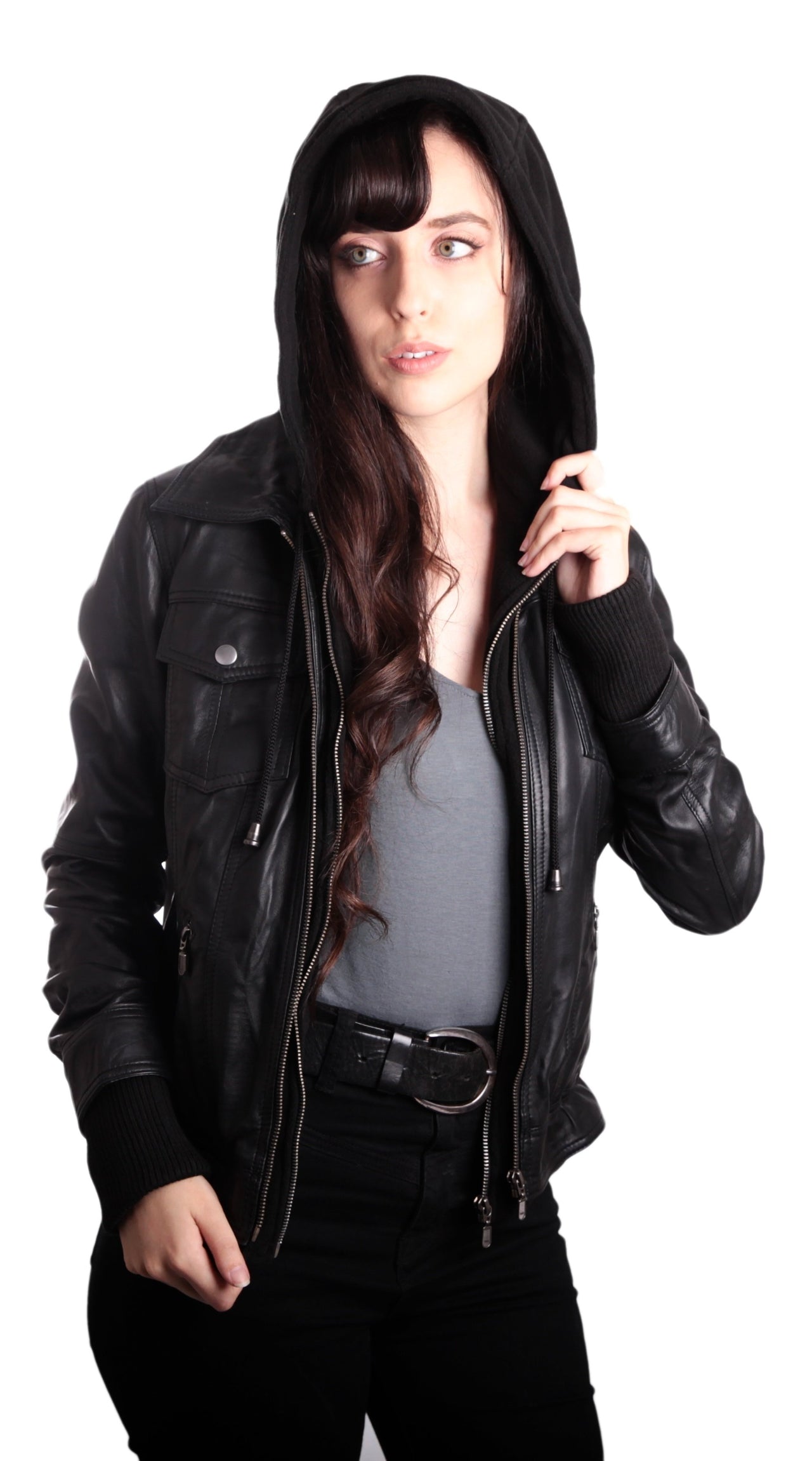 Fadcloset - Hooded Bomber Womens Leather Jacket - 1 COLOR -