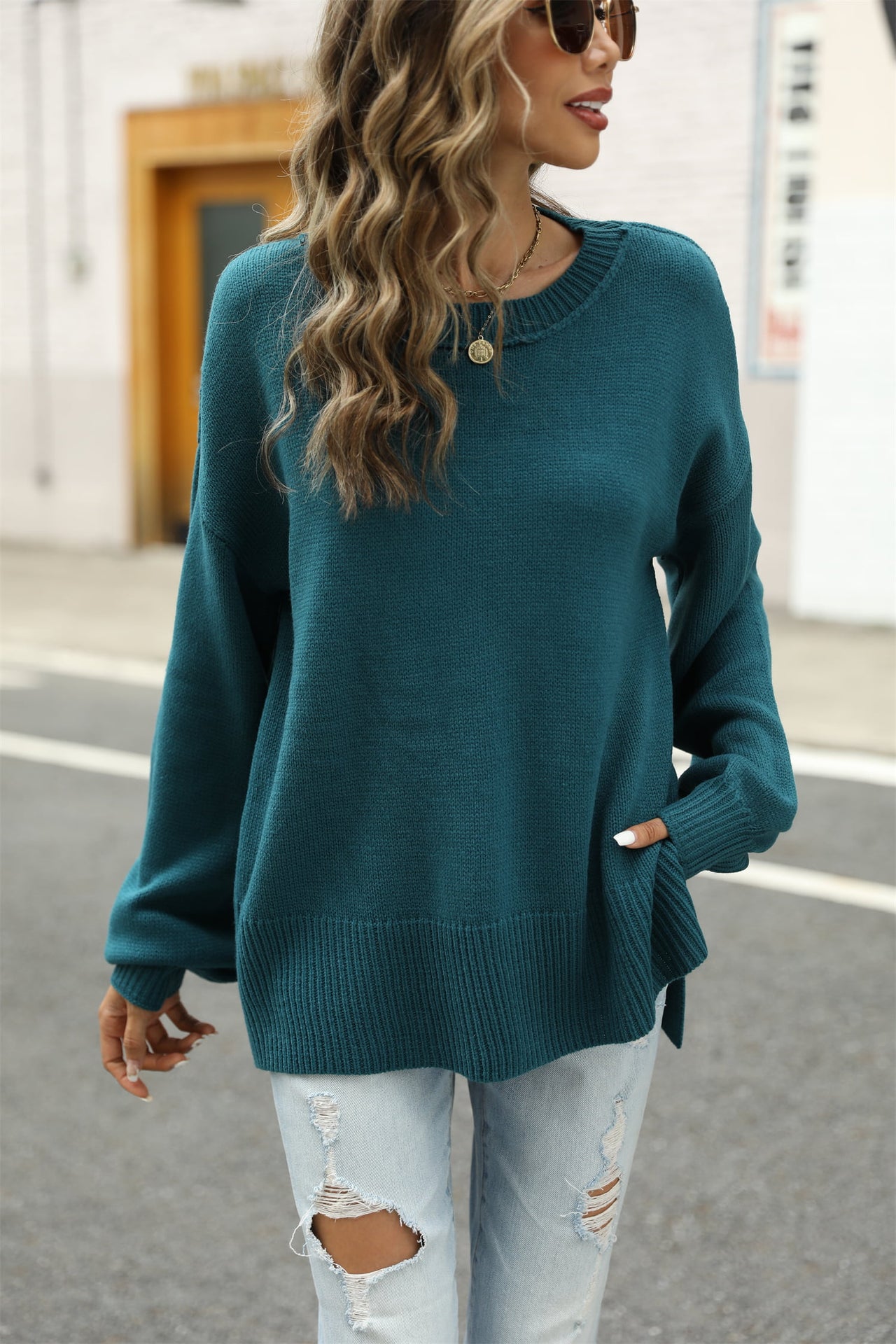 Round Neck Dropped Shoulder Slit Sweater - T - 1 COLOR -