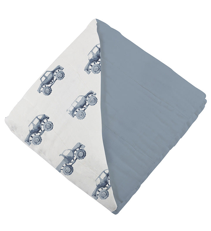 Newcastle - Indigo Monster Trucks and Blue Fog Cotton Newcastle Blanket -