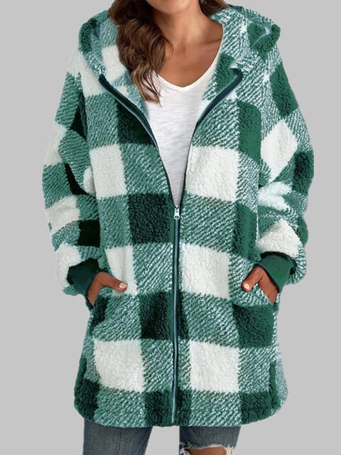 Plaid Zip-Up Hooded Jacket with Pockets - T - 7 COLORS -