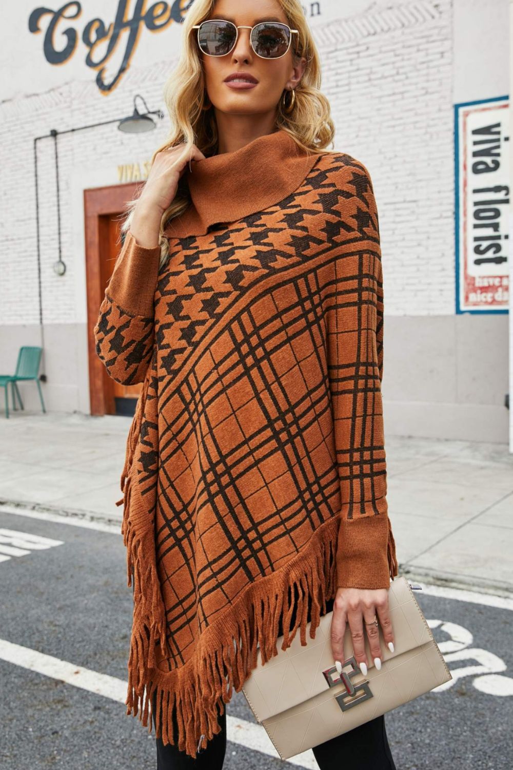 Houndstooth Turtleneck Fringe Hem Poncho - T - 5 COLORS -