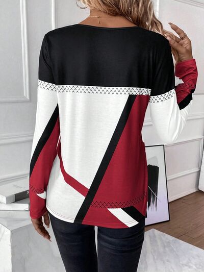 Contrast Round Neck Long Sleeve T-Shirt - T - 4 COLORS -