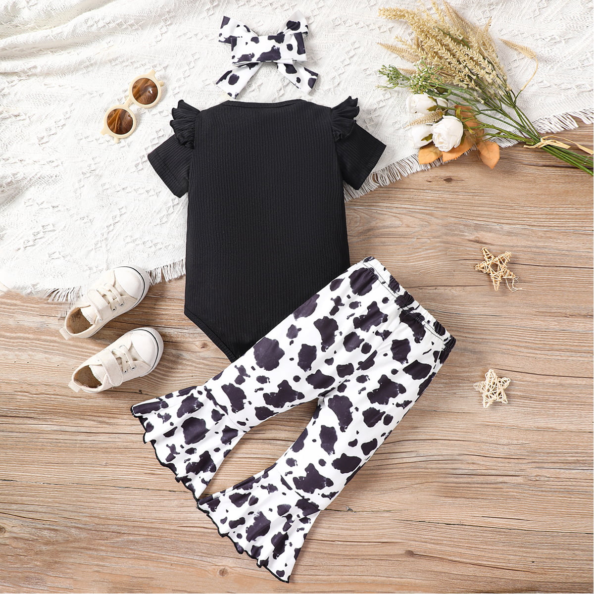 Decorative Button Ribbed Bodysuit and Printed Flare Pants Set with Headband - 3 PCS - T - 2 COLORS -