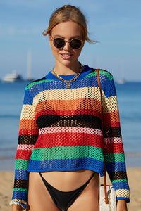 Thumbnail for Rainbow Stripe Openwork Long Sleeve Cover-Up - T - 1 COLOR -