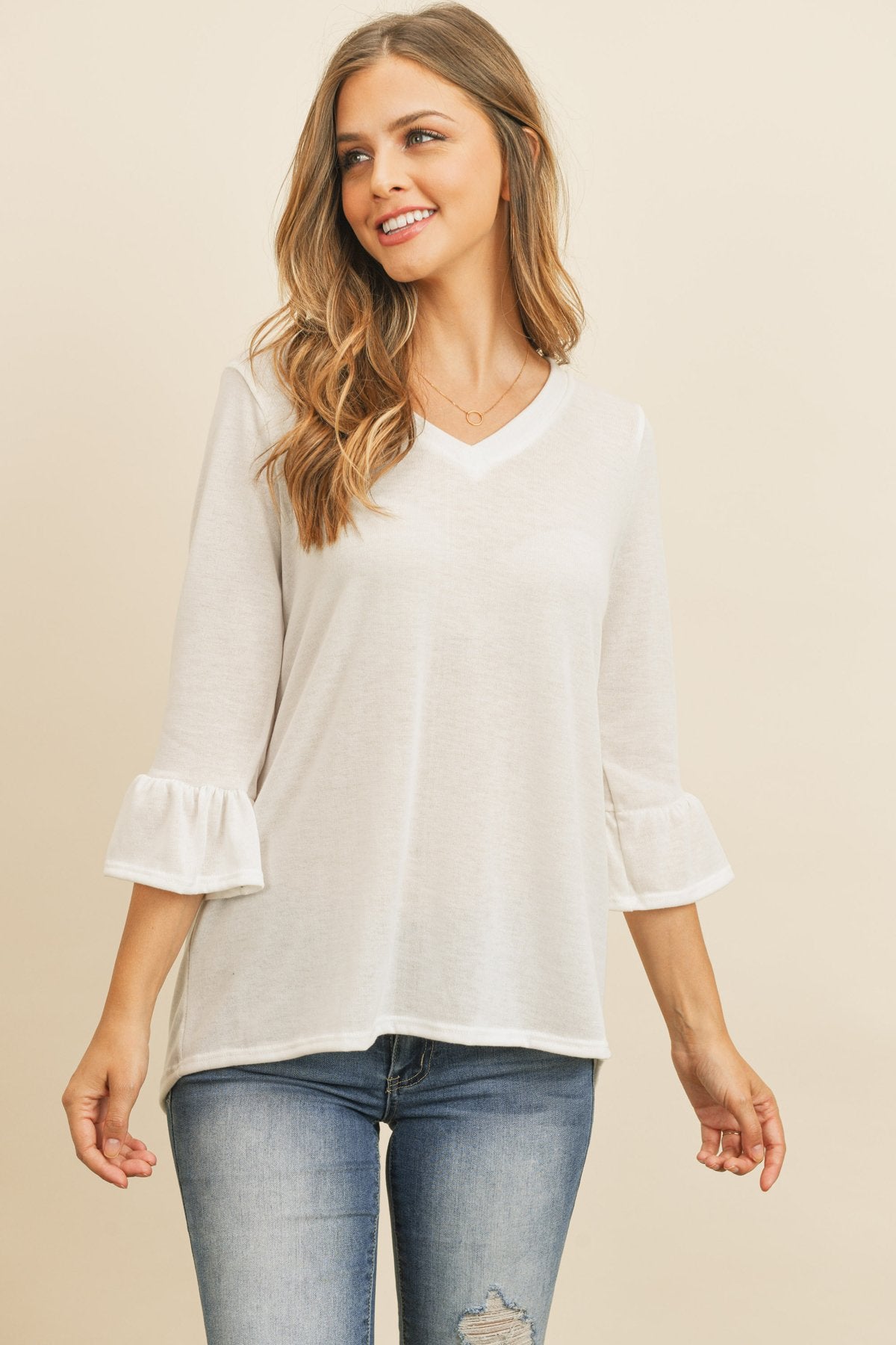 Riah Fashion - Solid Bell Sleeve V-Neck Top - 5 COLORS -