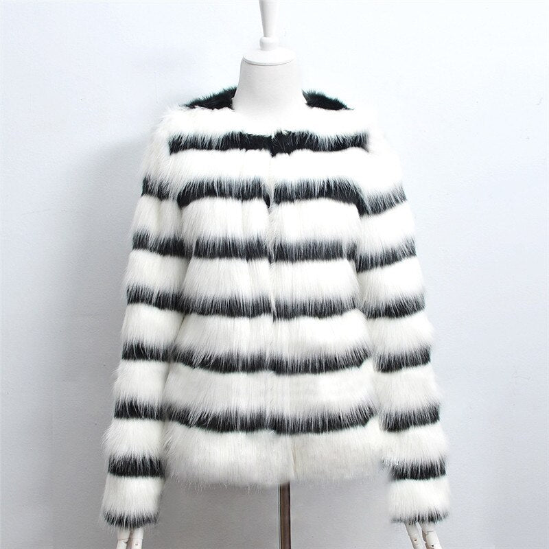 Sharon Tatem - Black and White Striped Faux Fur Coat Fur Coat - Elegant Fur Coat - Long Sleeve Collarless Casual -