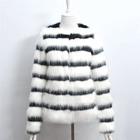 Thumbnail for Sharon Tatem - Black and White Striped Faux Fur Coat Fur Coat - Elegant Fur Coat - Long Sleeve Collarless Casual -