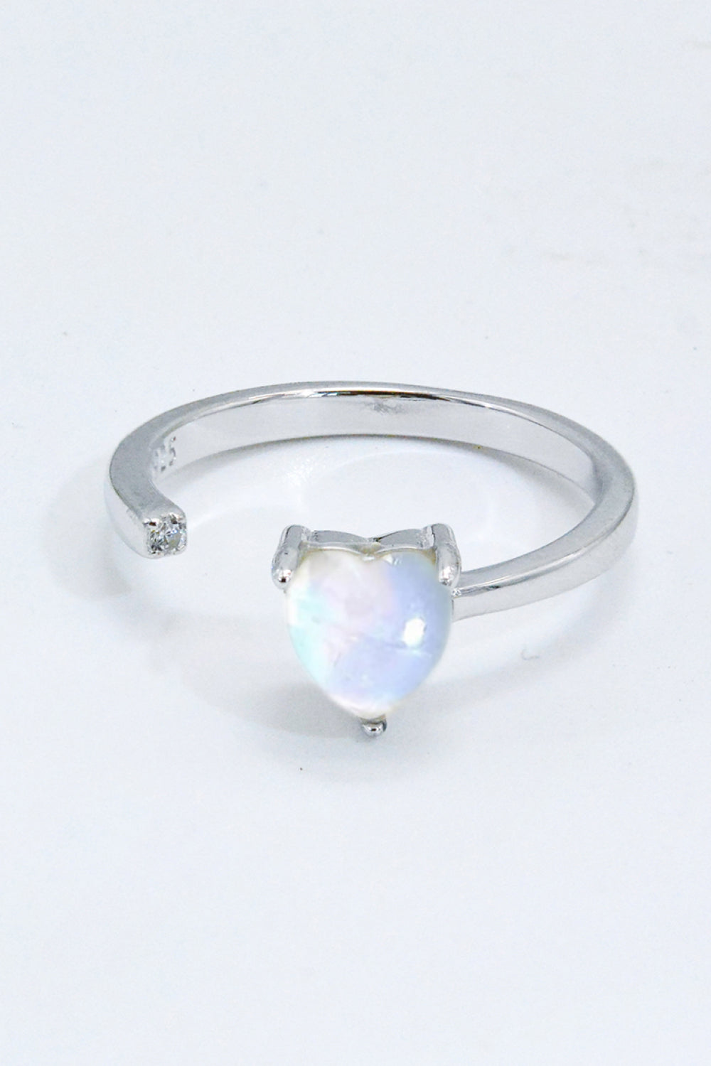 Inlaid Moonstone Heart Adjustable Open Ring - T - 1 SIZE FIT - 2 FINISHES -