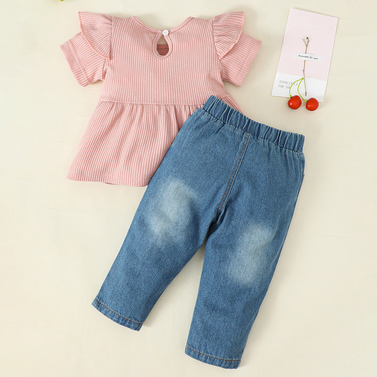 Bow Detail Short Sleeve Top and Distressed Jeans Set - 2 PCS. - T - 1 COLOR -