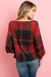 Thumbnail for Riah Fashion - Boat Neck Puff Sleeves Plaid Top - 3 COLORS -