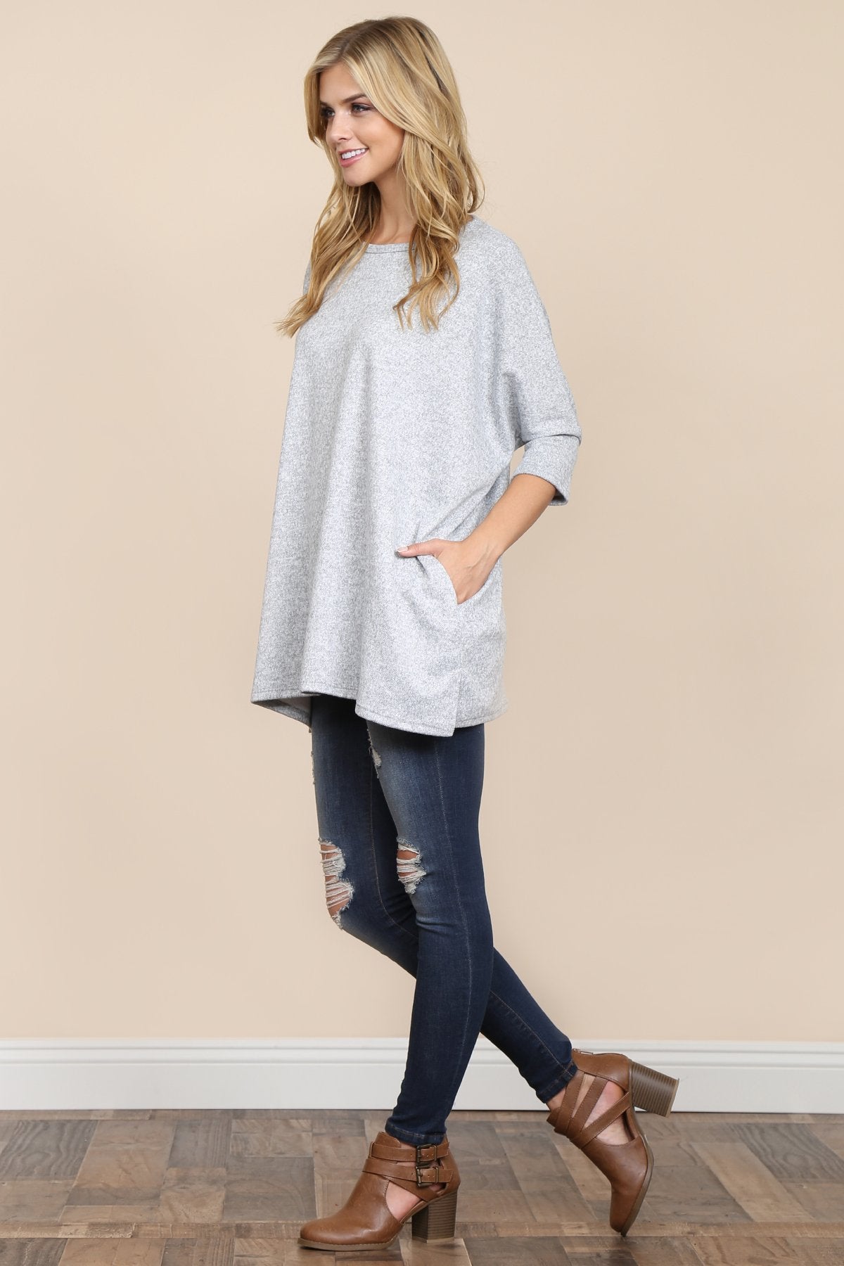 Riah Fashion - Two Tone Hacci Oversized Dropped Shoulder Pocket Tunic - 3 COLORS -