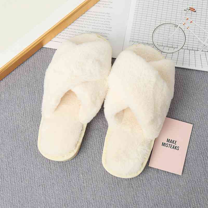 Faux Fur Crisscross Strap Slippers - T - 7 COLORS -