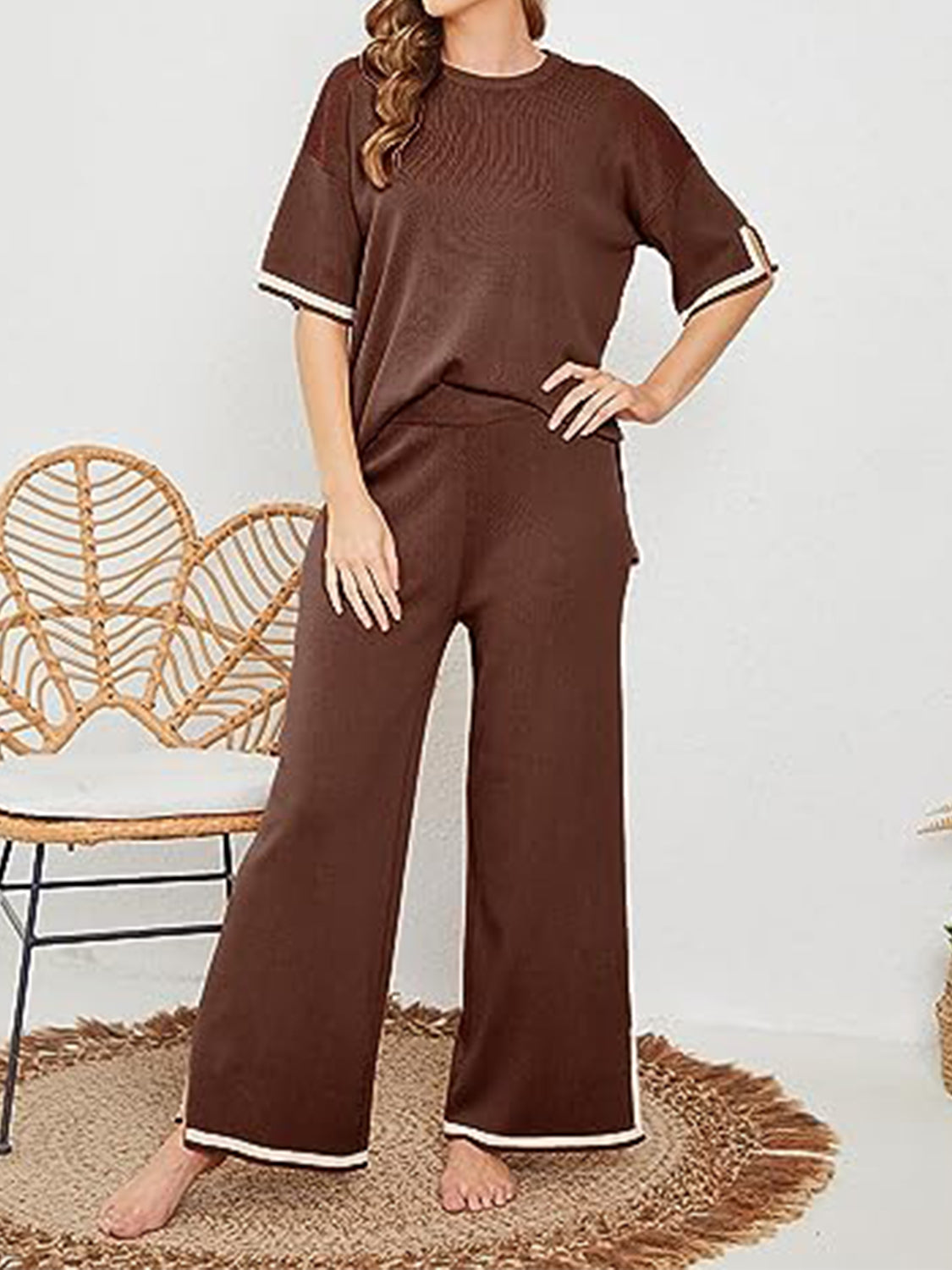 Contrast High-Low Sweater and Knit Pants Set - T - 7 COLORS -